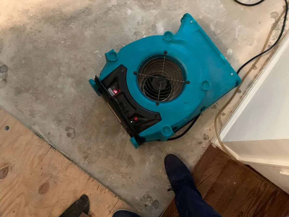 Air mover drying subfloor during Commercial Water Damage Restoration in St. Marys